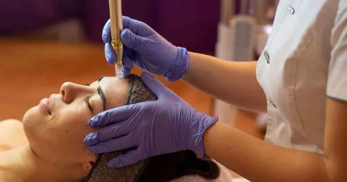 Professional performing PRP microneedling (Vampire Facial) to stimulate collagen production on a client’s face.