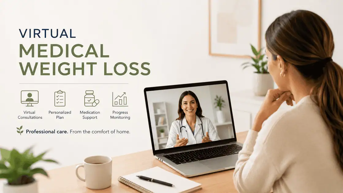 Woman attending a virtual medical weight loss consultation with a healthcare provider from home