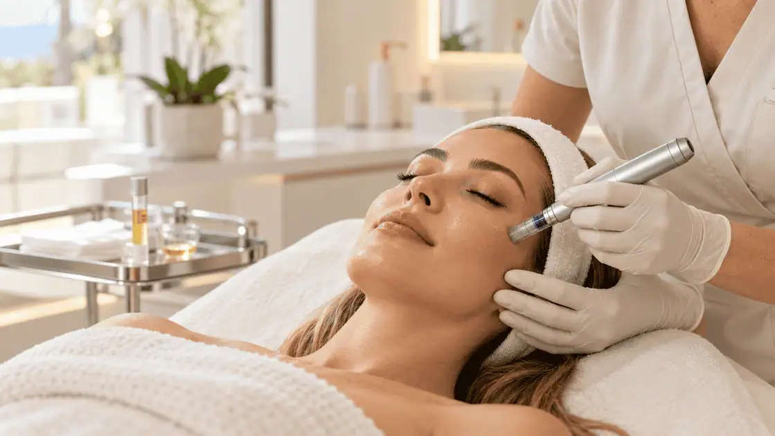 Woman receiving microneedling with PRP treatment to improve skin texture and stimulate collagen production.